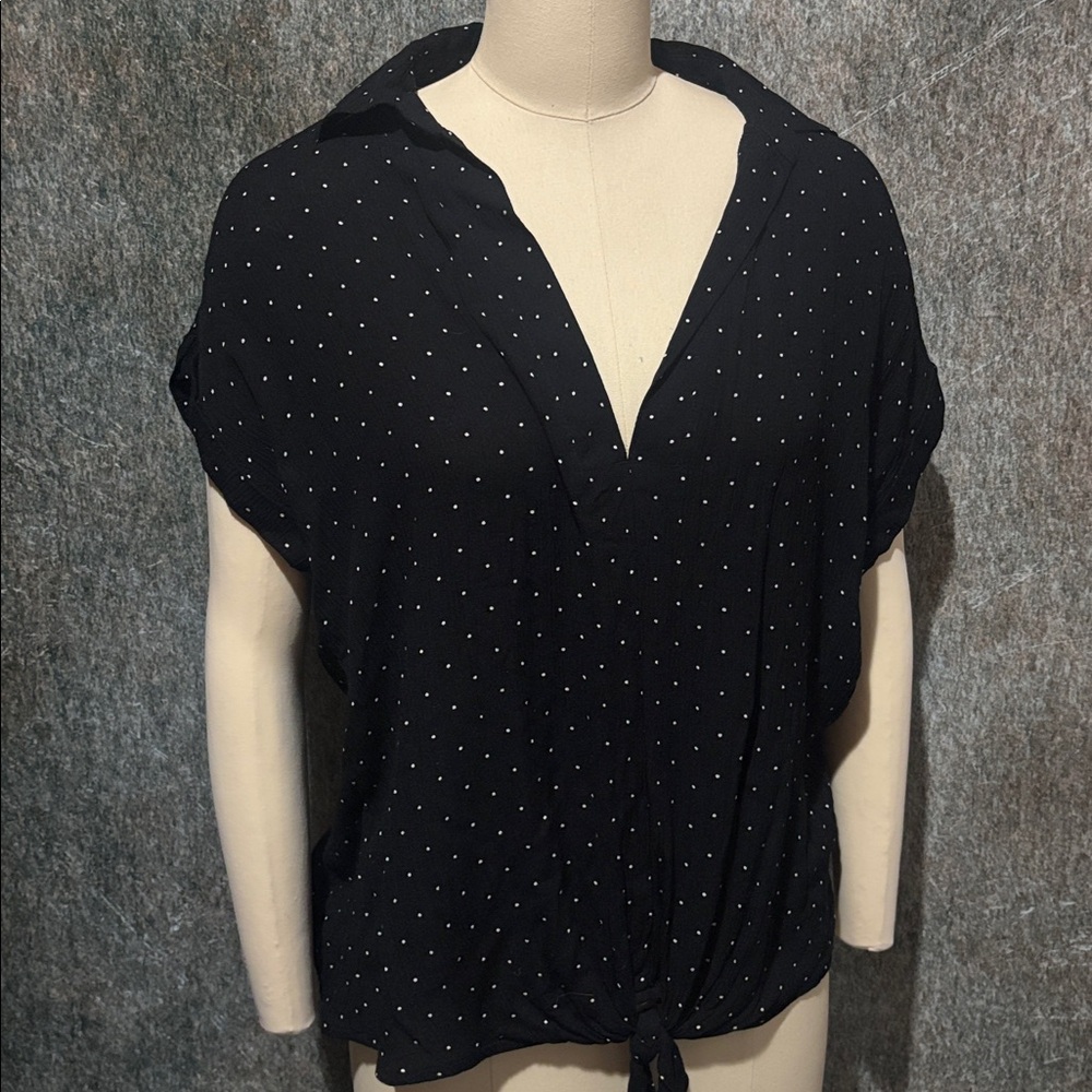 Blue Rain Black Tie-Front Blouse with White Dots